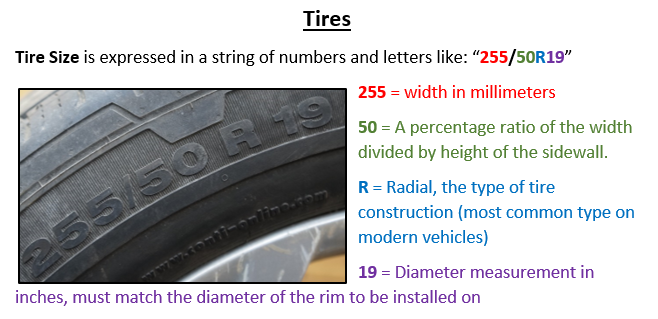Tires Tire Size is expressed in a string of numbers and letters like: “255/50R19” 255 = width in millimeters 50 = A percentage ratio of the width divided by height of the sidewall. R = Radial, the type of tire construction (most common type on modern vehicles) 19 = Diameter measurement in inches, must match the diameter of the rim to be installed on