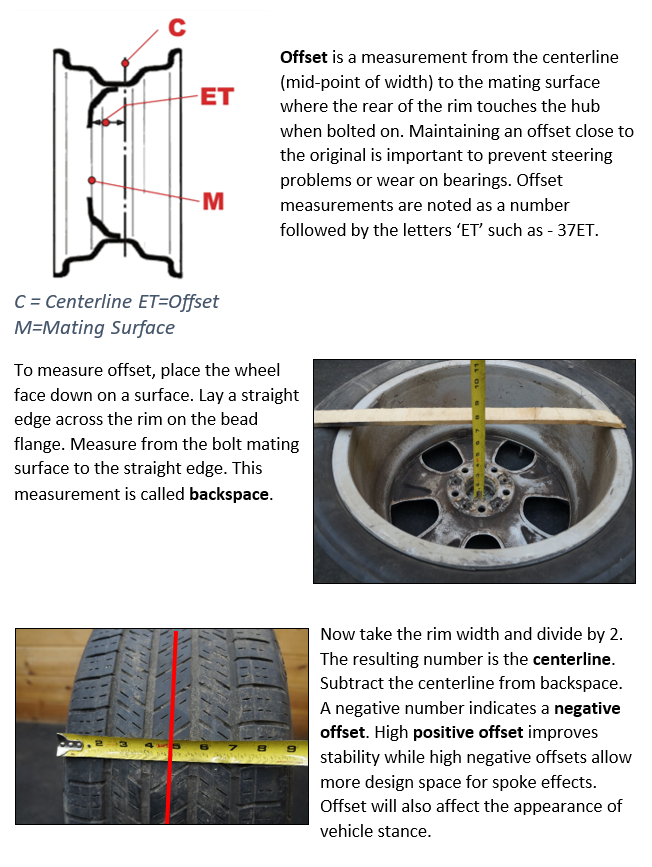 Offset is a measurement from the centerline (mid-point of width) to the mating surface where the rear of the rim touches the hub when bolted on. Maintaining an offset close to the original is important to prevent steering problems or wear on bearings. Offset measurements are noted as a number followed by the letters ‘ET’ such as - 37ET. To measure offset, place the wheel face down on a surface. Lay a straight edge across the rim on the bead flange. Measure from the bolt mating surface to the straight edge. This measurement is called backspace. Now take the rim width and divide by 2. The resulting number is the centerline. Subtract the centerline from backspace. A negative number indicates a negative offset. High positive offset improves stability while high negative offsets allow more design space for spoke effects. Offset will also affect the appearance of vehicle stance.